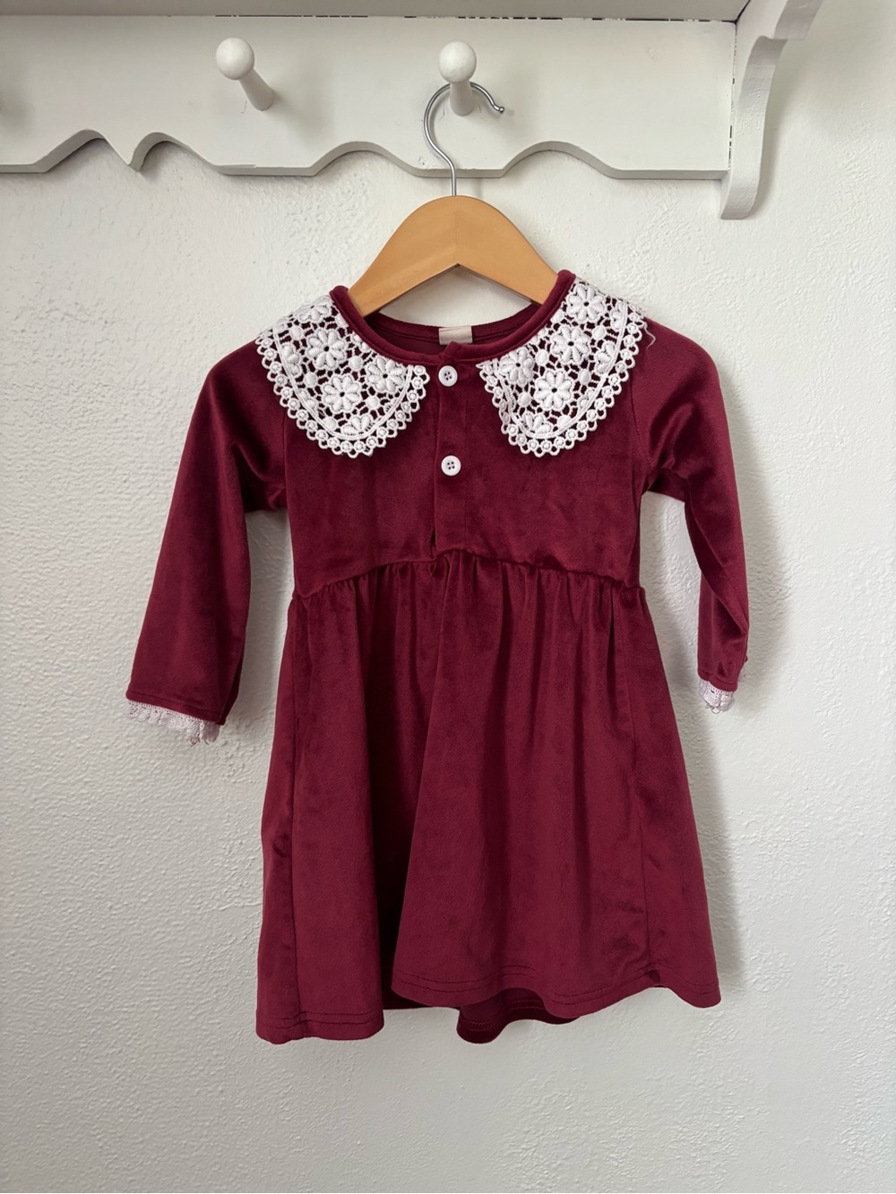Boutique Christmas Velvet Dress 18M Burgundy Lace Collar Holiday Cottagecore